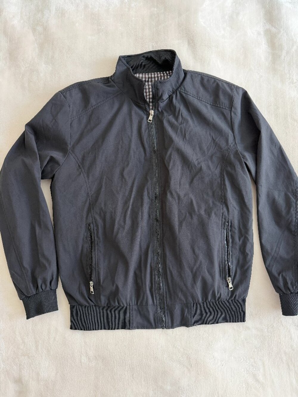Mens M Black Harrington Bomber Jacket Gingham Lined Lightweight Full Zip